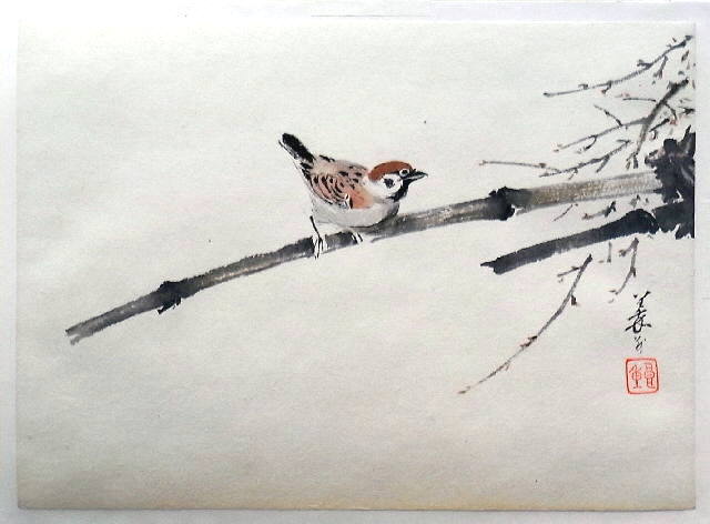雀の水墨画 - 美術品